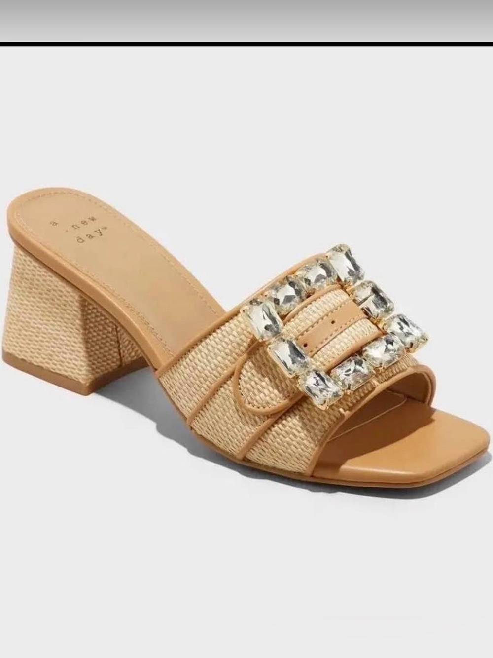 a new day Tan Woven Block Heel Slide with Gem Buckle